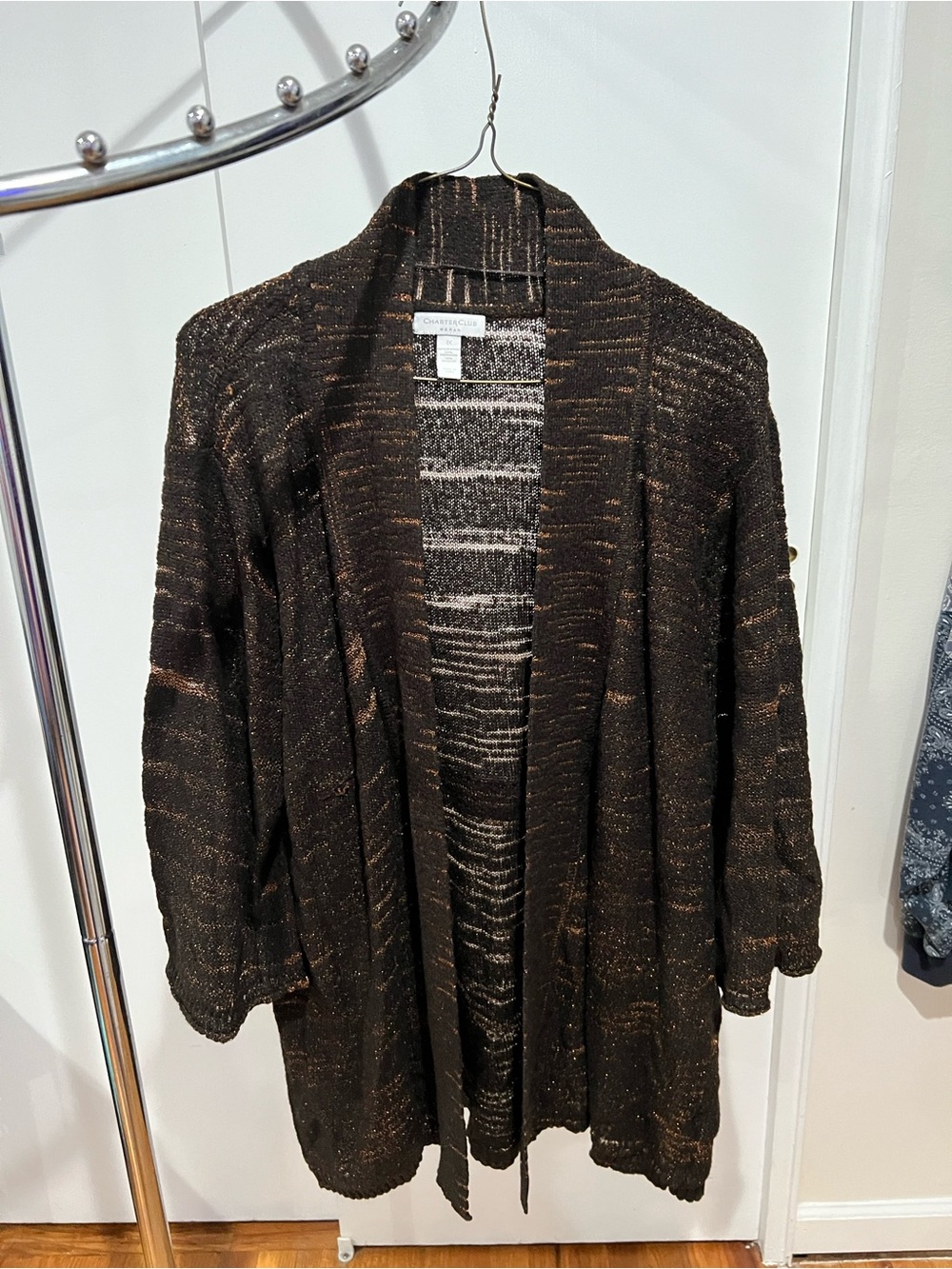 Open-Front Metallic Thread Knit Cardigan - Brown